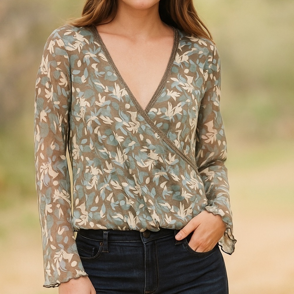 The Limited Vintage 90s Bell Sleeve Ruffle Trim Wrap Blouse